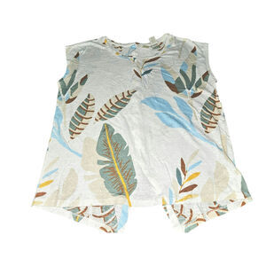 CYNTHIA ROWLEY Botanical Print Button Back 100% Linen Slub Knit Top Sz M